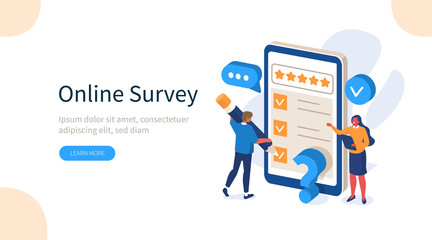 People Characters Filling Test Online in Customer Survey Form. Woman and Man putting Check Mark on Checklist. Customer Experiences and Satisfaction Concept. Flat Isometric Vector Illustration. - obrazy, fototapety, plakaty