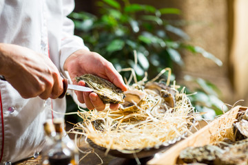 chef opens fresh oyster in a restaurant
