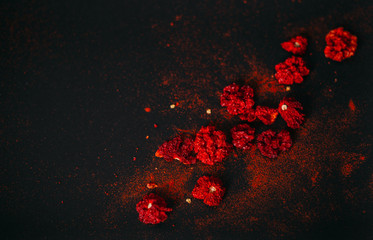 Red spicy dry carolina reaper. Dark food photography. Copy space.
