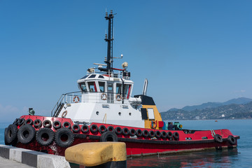 sea tug is moored with rubber tires on the sides