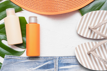 Sea vacation concept background.  Top view. Beach accessories on white background.