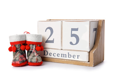 Calendar with date of Christmas on white background
