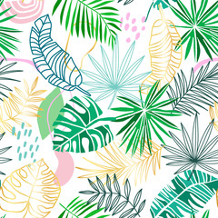 Fototapeta na wymiar Tropical seamless pattern. Summer tropic background. Green, gold, pink jungle leaves