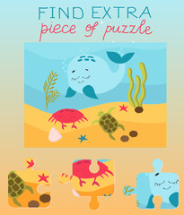 Fototapeta premium Vector illustration. Education game for preschool kids. children s education Find extra puzzle, which doesn't fit to picture. Underwater world, marine life. Jellyfish and seahorses, whale and stars.