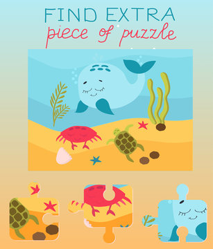 Vector illustration. Education game for preschool kids. children s education Find extra puzzle, which doesn't fit to picture. Underwater world, marine life. Jellyfish and seahorses, whale and stars.