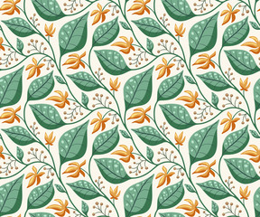 Garden floral vine, flowers, leaves and berries seamless vector pattern