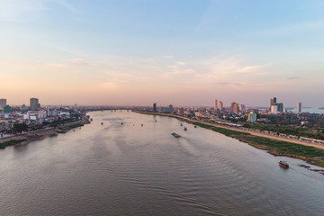 Phnom Penh city skyline, Tonle Sap River. Phnom Penh is capital and largest city in Cambodia. Top aerial view