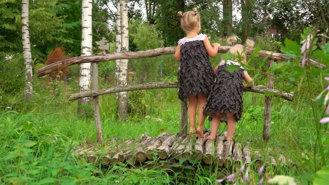 Two blond little girls in a purple fantasy dresses made of leaves and flowers are standing on a wooden bridge