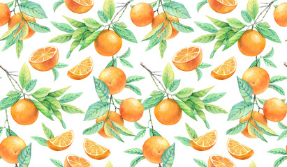 Orange tree seamless pattern. Watercolor branch with ripe fruits. Realistic botanical floral surface design isolated on white. Hand drawn illustration for textile, wallpapers