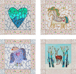 Tile mosaic decor. Mosaic bird and mosaic deer, heart and horse.