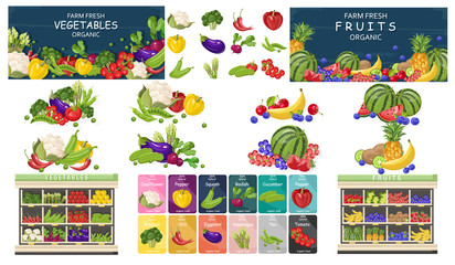 Supermarket fruits and vegetables store set bundle Vector flat style. Shopping food products. Sales template banners