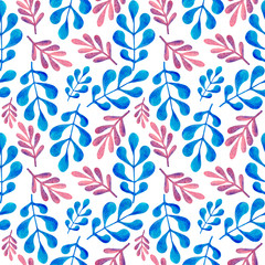 Pink and blue hand-drawn leaves on a white background. Seamless texture for wrapping paper, and fabric design