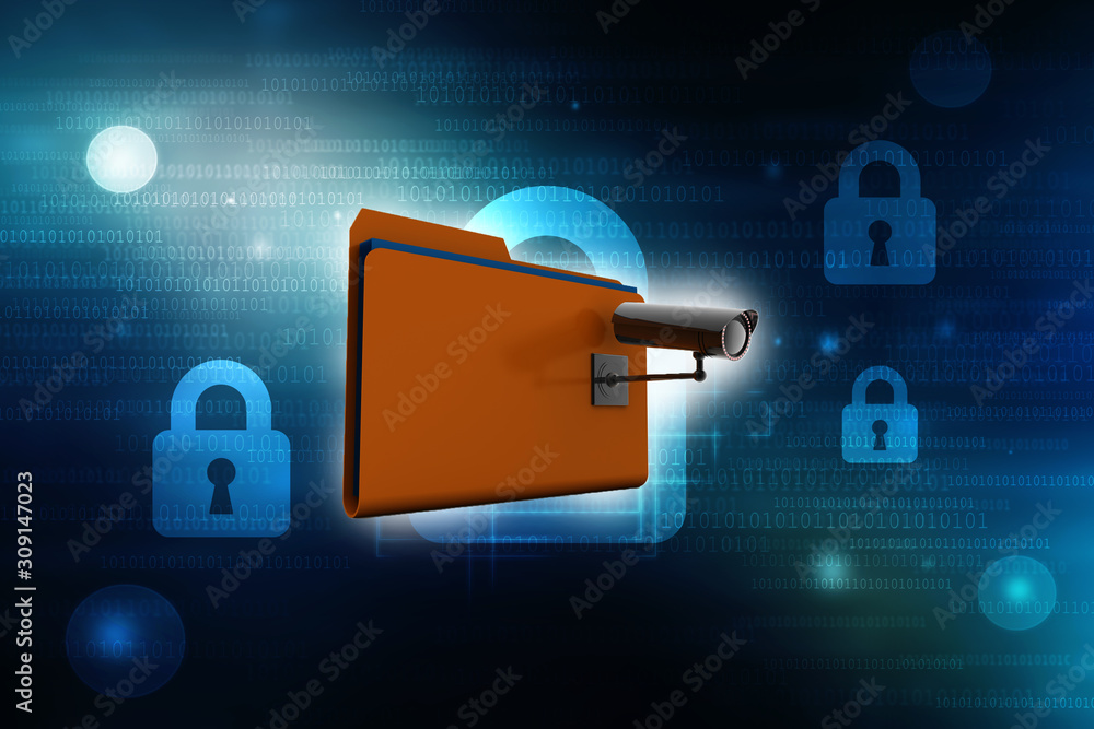 Poster 3d rendering surveillance cctv security camera with folder