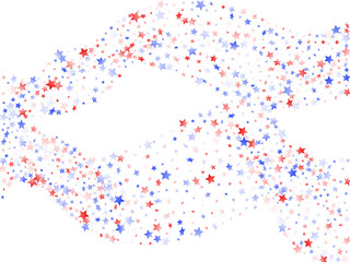 Flying red blue white star sparkles on white vector american patriotic background.