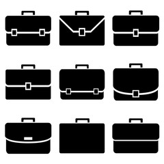 Vector black briefcase icons set , logo isolated on white background