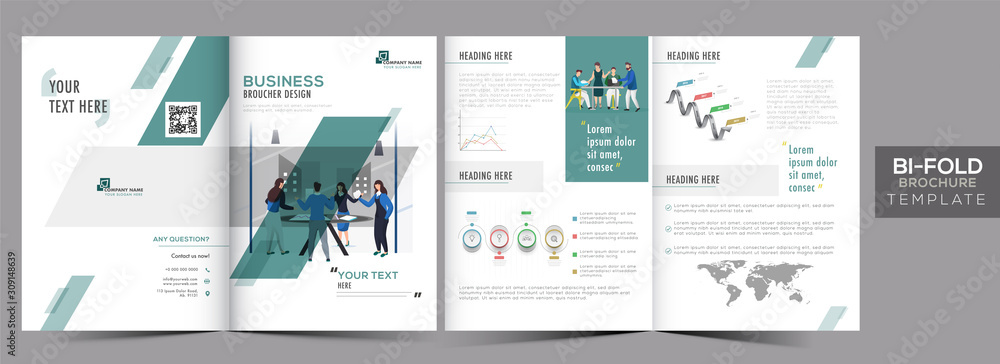 Poster front and back view of bi-fold brochure template layout or annual report for business progress conce