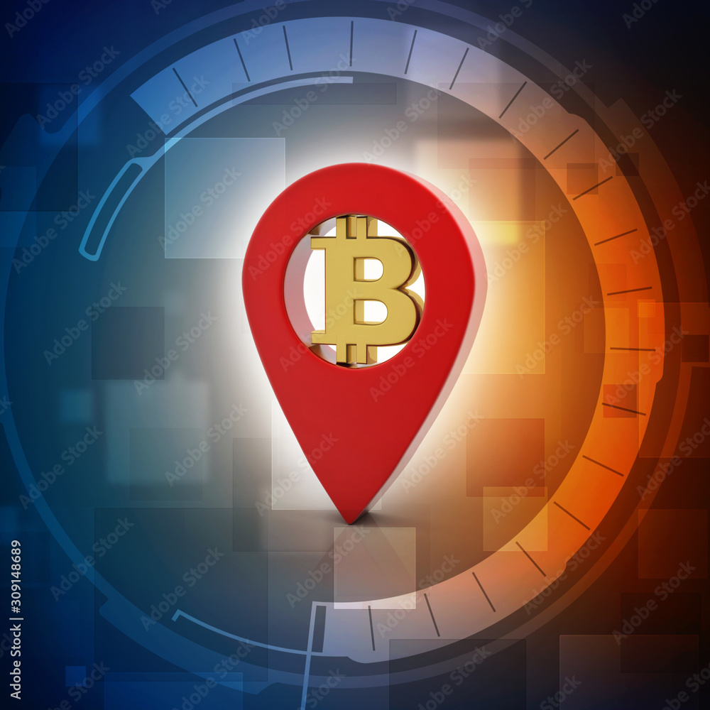 Poster 3d rendering bitcoin with navigation sign