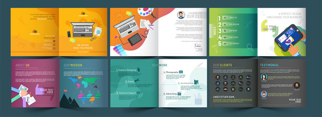 Promotional Bi-Fold Brochure, Template or Annual Report in Different Types Business Management or Experience Concept. - obrazy, fototapety, plakaty