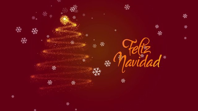 Feliz Navidad postcard animation in after effects. Animated text and tree with snow on red background.  Translation: Merry Christmas - Powered by Adobe