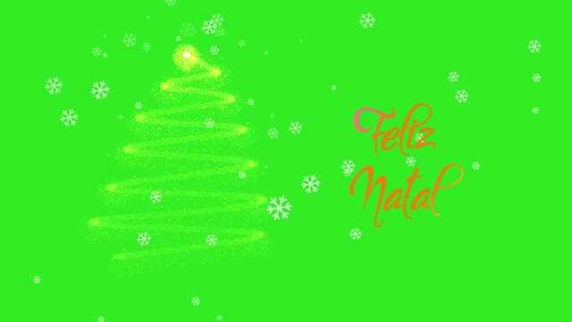 Feliz Natal postcard animation in after effects. Animated text and tree with snow on green screen background.  Translation: Merry Christmas