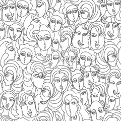 Futuristic people black and white portraits monochrome background. Seamless pattern Hippie print, batik, cubism wallpaper, wrapping paper, fashionable Textile print, adults and kids coloring book page