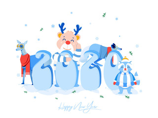 Obraz na płótnie Canvas Stylish Blue 2020 Text with Reindeer, Deer, Raccoon Dog and Fox Character on White Background for Happy New Year Celebration.