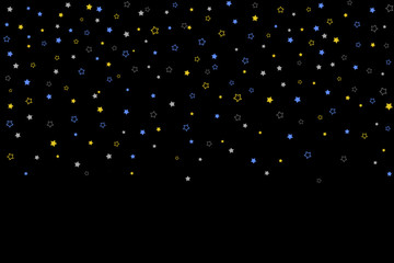 Gold, Blue stars, sprocket, shiny confetti on black background. Falling stars effect. New Year Christmas background