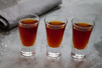 Cognac in glasses. Shots. Alcohol. Bar. The drinks. Whiskey