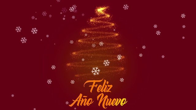 Feliz Ano Nuevo 2020 postcard animation in after effects. Animated text and tree with snow on red background. Copy text space. Translation: Happy New Year 2020.