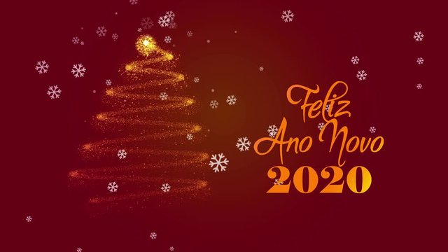 Feliz Ano Novo 2020 postcard animation in after effects. Animated text and tree with snow on red background.  Translation: Happy New Year 2020.