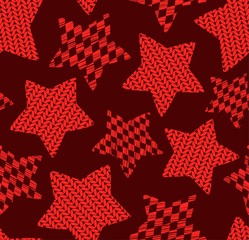 Knitted stars, seamless pattern, dark red, vector. Effect of knitted fabric. Vintage decor. Red figures on a red field. 