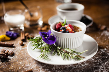 Avocado creme brulee served in a cup in restaurant
