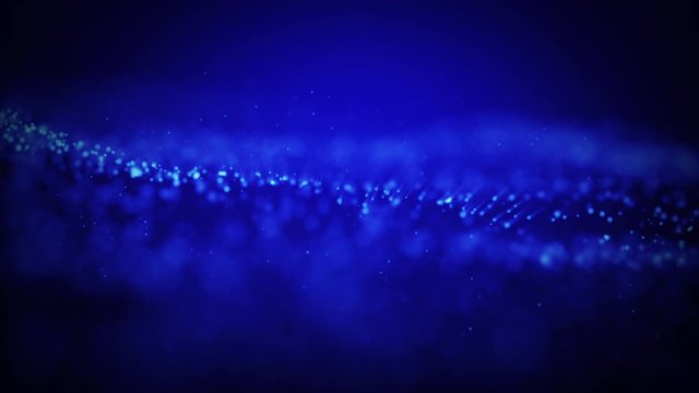 Glittering particle wave graphic blue animation background. Elegant Light Motion Background. Glowing defocused lights.