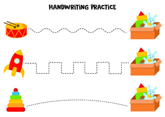 Handwriting practice with colorful children toys.