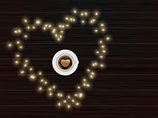 Top View of Latte Art Love Coffee Cup on Heart Shape Made by Lighting Garland with Brown Wooden Texture Background.