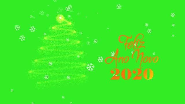 Feliz Ano Novo 2020 postcard animation in after effects. Animated text and tree with snow on green screen background.  Translation: Happy New Year 2020.