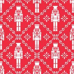 Christmas nutcrackers vector seamless pattern - Xmas soldier figurine repetitive white ornament on red, textile design