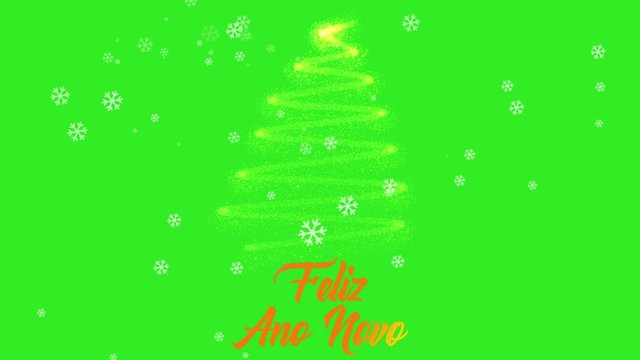 Feliz Ano Novo 2020 postcard animation in after effects. Animated text and tree with snow on green screen background. Copy text space.  Translation: Happy New Year 2020.