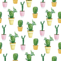 Watercolor seamless pattern of home plants in flower pots. Hand drawn watercolor cactus for banner, print, home or garden decoration.