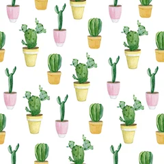 Wall murals Plants in pots Watercolor seamless pattern of home plants in flower pots. Hand drawn watercolor cactus for banner, print, home or garden decoration.
