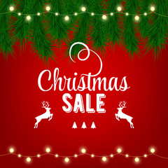 Fototapeta na wymiar Christmas sale red banner in beautiful style. Vector label tag. Vector business. Red background. Christmas celebration. Banner template. Season sale vector label. Fir and light.
