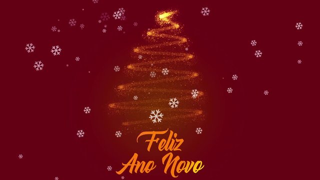 Feliz Ano Novo  postcard animation in after effects. Animated text and tree with snow on red background.copy text space.  Translation: Happy New Year 2020.