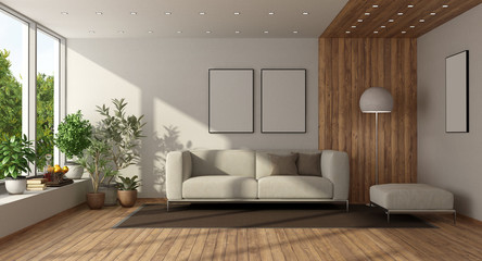 Fototapeta na wymiar Minimalist living room with large window
