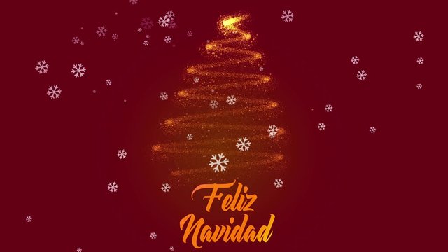 Feliz Navidad  postcard animation in after effects. Animated text and tree with snow on red background. Copy text space. Translation: Merry Christmas