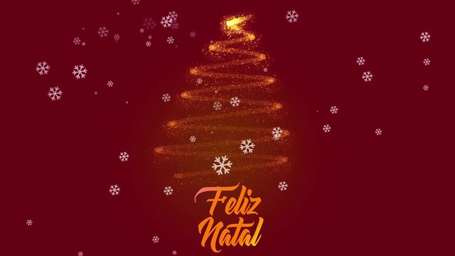 Feliz Natal  postcard animation in after effects. Animated text and tree with snow on red background. Copy text space. Translation: Merry Christmas