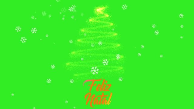 Feliz Natal  postcard animation in after effects. Animated text and tree with snow on green screen background. Copy text space. Translation: Merry Christmas