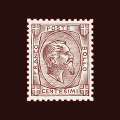 Obraz premium Vintage Postage stamp for album. Face of a man with a beard. Retro old Sketch. Monochrome Postcard sticker. Hand drawn engraved retro mark, travel label. Decoration Element for print banner and logo.