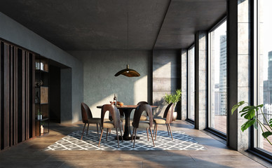 Dining room in loft, industrial style, 3d render