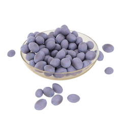 Ripe prunes in a transparent vase on a white background. 3d rendering
