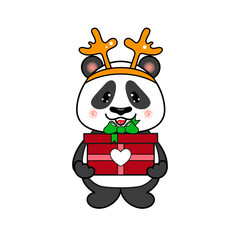 Merry Christmas and Happy New Year Panda Bear With a Reindeer Fancy Rudolph`s Antlers and a Gift Box with a Holly.